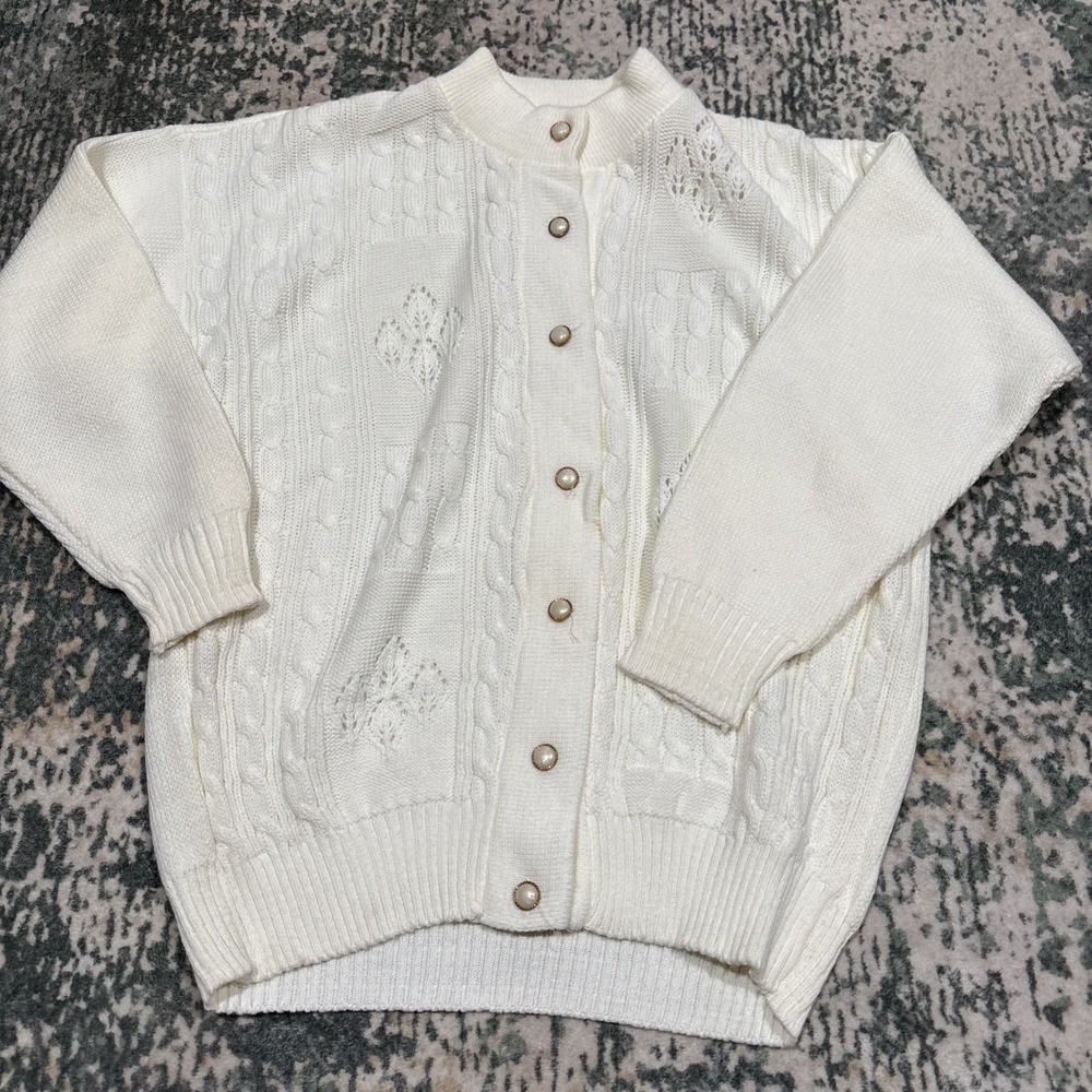 Vintage Acrylic Cardigan Sweater England Ivory Pearl Buttons Womens Medium
